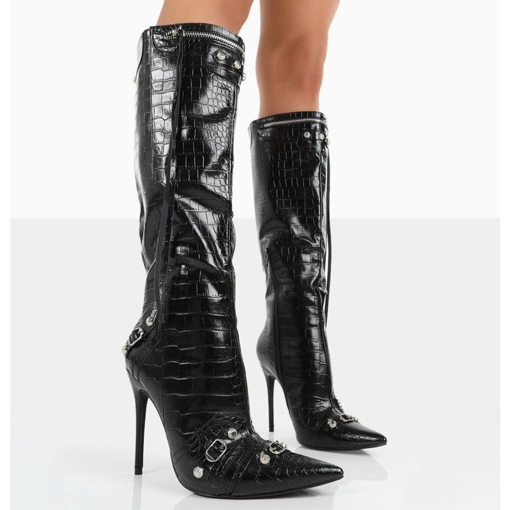 Public Desire Women's Cardi Black Croc Pointed Toe Zip Detail Knee High Boots